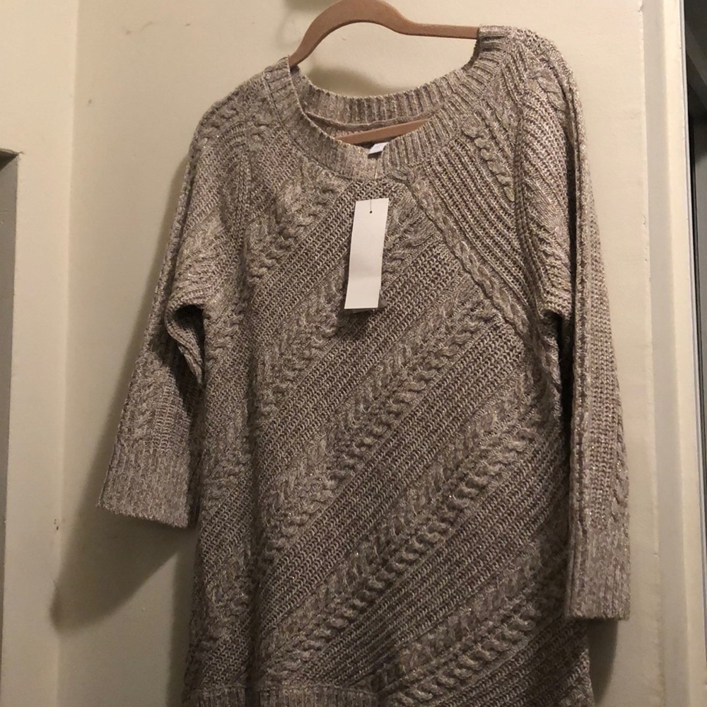 Tan and white sweater with gold specks